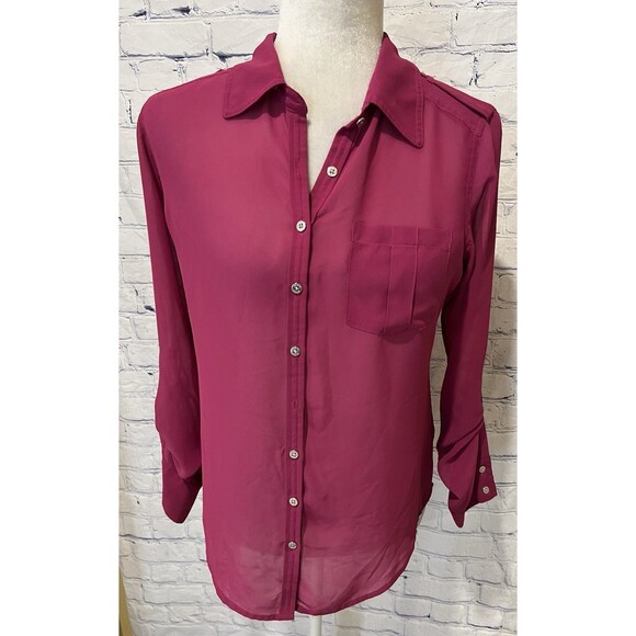 Guess Pink Button Down Roll Tab Long Sleeve Sheer Blouse Top Size Small - Picture 1 of 7